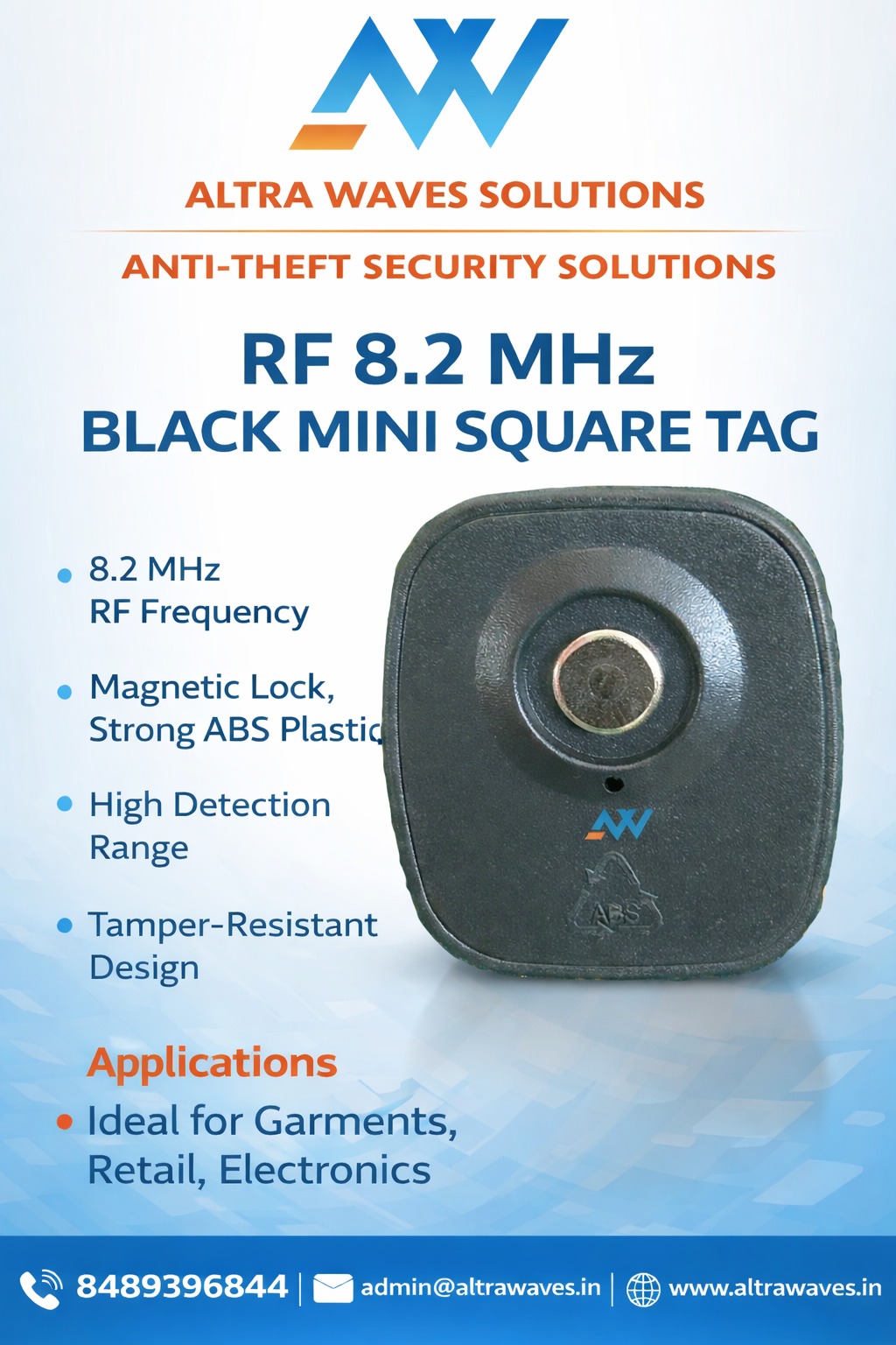 RF black square tag attached to retail clothing for anti-theft protection